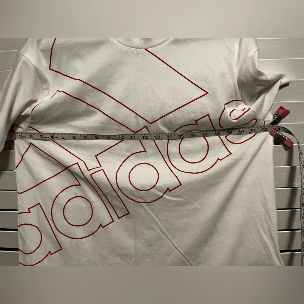 Size M, Adidas, white T-Shirt with red outlined logo letters